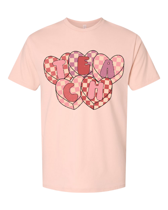 TEACH CHECKERED HEARTS TEE